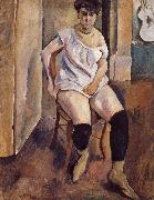 Jules Pascin The Woman wearing yellow short boots oil on canvas